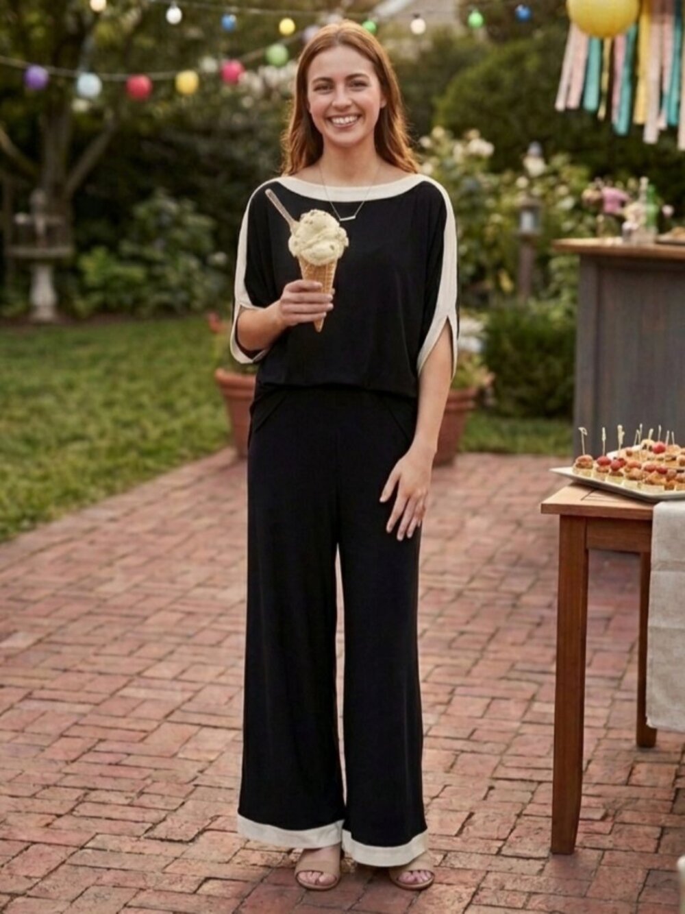 Joseph Ribkoff Moonstone Trim Wide Leg Crop Jumpsuit